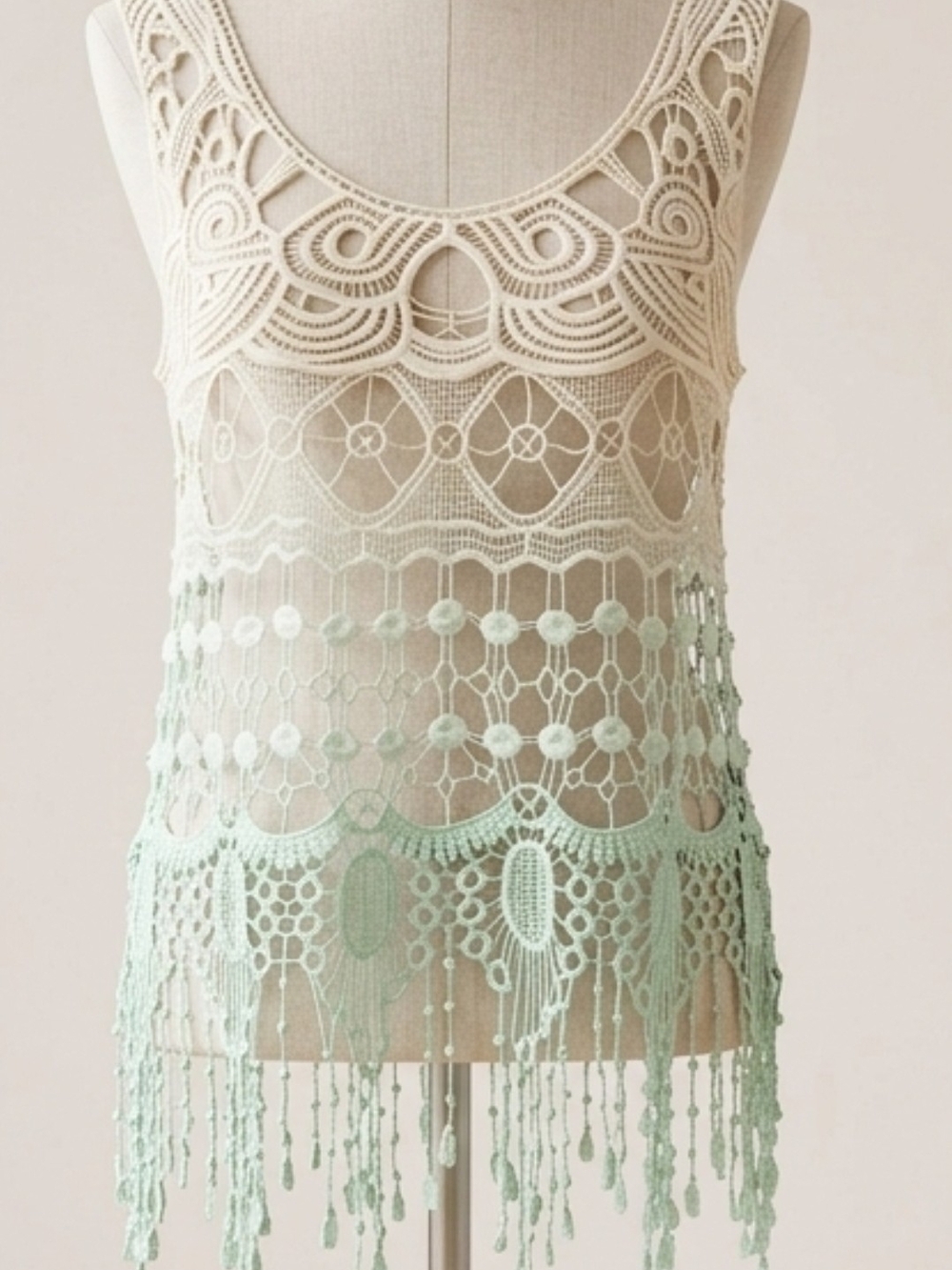 Vivid Collection Mint Ivory Ombre Crochet Fringe Boho Cover-Up-LG NWT